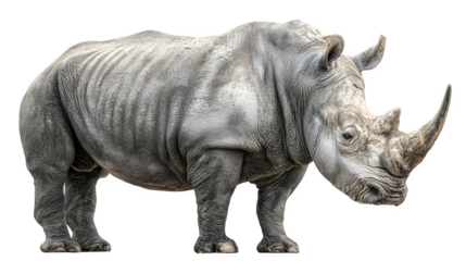 rhinoceros standing strong, detailed skin texture, isolated on white background