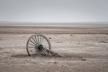 Rusty Wheel In The Dry Desert Landscape