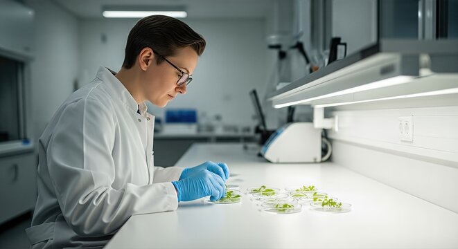 Scientist in Laboratory Analyzing Plant Samples Under Bright Lighting Conditions