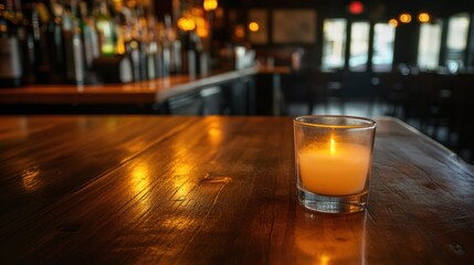 Lit candle sits on bar top in quiet pub, bottles & blurred background; warm, moody, for restaurant menu