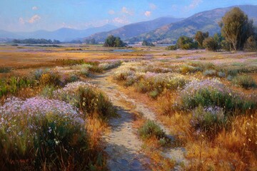 Colorful Meadow Path With Wildflowers at Golden Hour