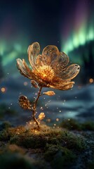 Glowing Golden Flower In Night Forest