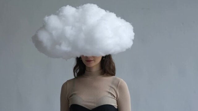 Dreamlike portrait depicting a woman with a cloud obscuring her head, blending physical form with abstract emotion against a minimalist studio backdrop.