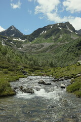 View of the valley between the Arkhyz mountains and the mountain river meanders between a hills. The slopes are overgrown with trees, shrubs and grass, covered with snow and melting glaciers