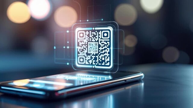 QR Code on Smart Phone: The image showcases a modern smartphone with a vibrant QR code, an emblem of connectivity, digital solutions, and data access. - Powered by Adobe