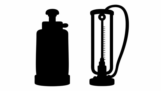 Illustration of a vintage pump sprayer and a manometer in black silhouette on a white background