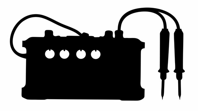 Silhouette of a car battery with attached cables and two multimeter probes in a plain background