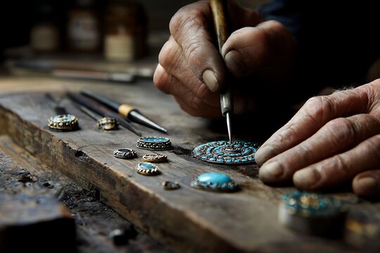 Craftsman jeweler working on jewelry at workbench using tools for repair gemstones and making ornament