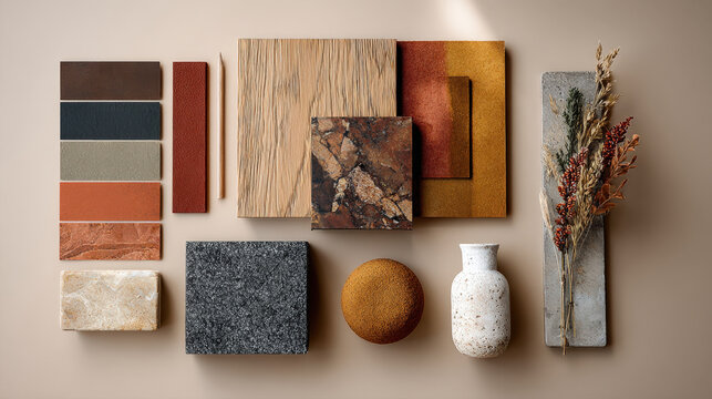 Flat lay mood board with architectural and interior design materials including wood, marble, granite, brick, and terracotta in earthy, warm tones. Home renovation concept