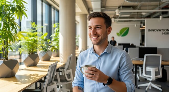 Bright and Modern Office Setting with a Smiling Man Holding a Coffee Mug Near Plants - Powered by Adobe