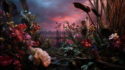 Floral Arrangement Cityscape Sunset