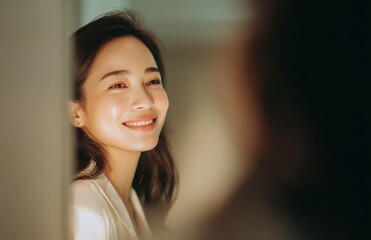 Fototapeta premium Smiling Woman Looking at Reflection in Mirror