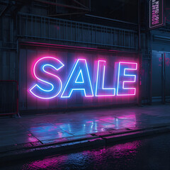 A cyberpunk-style scene featuring a glowing SALE sign in vibrant neon colors.