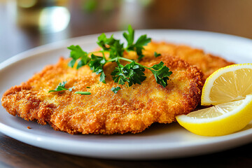 Crispy breaded schnitzel with lemon and fresh parsley on a white plate.