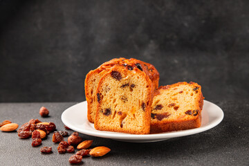 Fruit cake sweet pastry fruitcake dessert dried fruits, nuts traditional baked goods natural product tasty snack fresh delicious gourmet food background on the table rustic top view copy space
