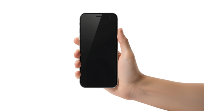 Hand holding a smartphone isolated on transparent background