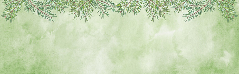 Watercolor background with pine branches on soft green texture. Festive natural illustration perfect for holiday cards, winter invitations, or Christmas decoration themes.