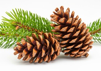 Fototapeta premium Brown pinecones with a rough natural texture resting on a fresh green pine branch isolated on transparent background