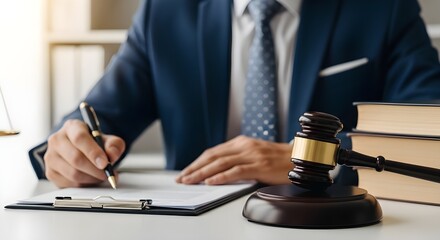 Lawyer or Businessman Signing Document with Gavel and Books – Close Up