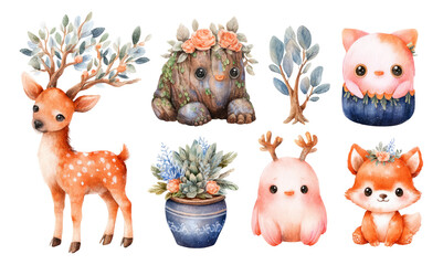Obraz premium Whimsical Watercolor Animals and Floral Designs in Soft Pastel Colors