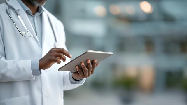 male physician reviewing patient&rsquo;s wearable data on tablet stethoscope visible muted beeps connected health three quarter wide angle cinematic color correction gentle backlight