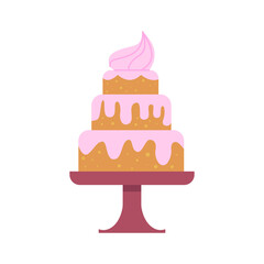 Delicious three tier cake with pink icing isolated. Confectionery shop menu item. Flat vector illustration.