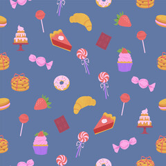 Sweets bakery seamless pattern. Pastry Confectionery on a blue background. Vector Illustration for wrapping paper, package, textile print.