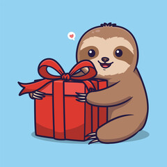 Fototapeta premium Cute Sloth Hugging Red Gift Box with Heart Bubble – Whimsical Vector Illustration for Holiday and Celebration Themes