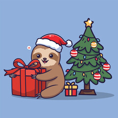 Cute Sloth in Santa Hat Hugging Red Gift Box Beside Christmas Tree – Whimsical Vector Illustration for Holiday Season
