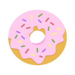 Donut with pink frosting and colorful sprinkles isolated on white background. Simple flat vector illustration.