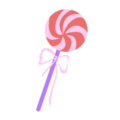 Coquette Lollipop with bow isolated. Candy stick icon. Flat vector illustration.