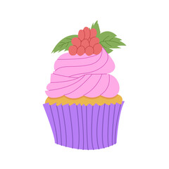 Delicious Cupcake with pink cream and raspberry. Confectionery shop menu item. Flat vector illustration.