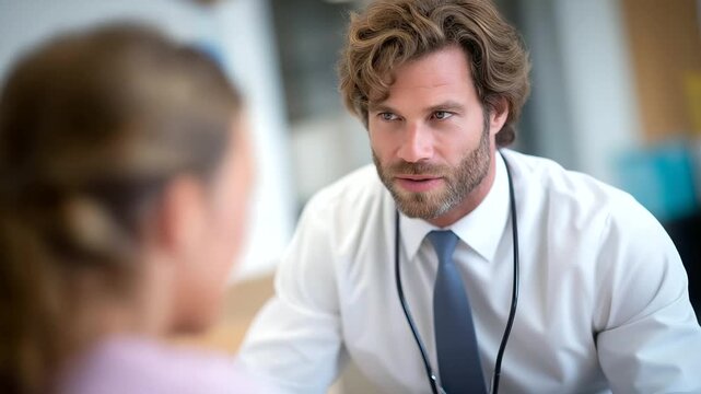 male physician teaching medical student proper stethoscope use at bedside muted classroom buzz mentorship three quarter wide angle cinematic color correction gentle backlight