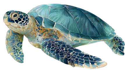 sea turtle illustration in shades of green and blue, isolated on white background