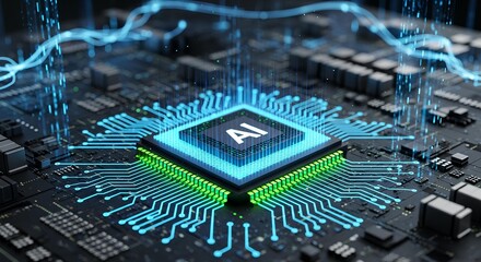 Glowing AI Chip on a Circuit Board