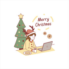 Woman Working on Laptop with Christmas Tree – Merry Christmas Holiday Illustration