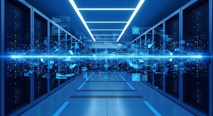 Server Room with Blue Lights and Data Streams