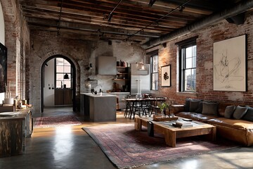 Loft apartment interior with exposed brick walls wooden floors and industrial style design
