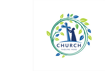 Modern Church Logo Design with Cross and Worship Silhouette in Green Leaf Circle