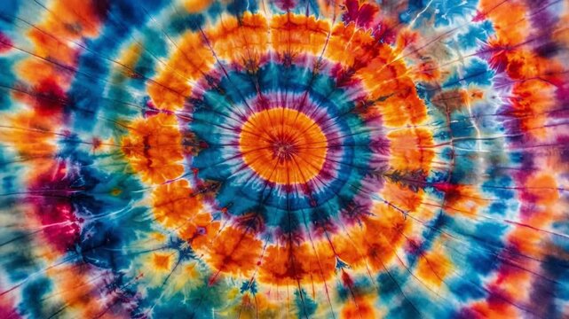 Vibrant tie-dye pattern close-up shot. Abstract textile background, circular design, and artistic handmade fabric texture. Retro style.