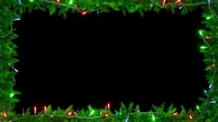 Christmas frame or new year frame with fir or pine leaves and light bulbs blinking. 4K loop animation - Powered by Adobe