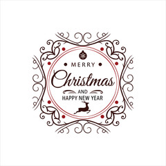 Elegant Merry Christmas and Happy New Year Typography Design with Vintage Ornaments and Reindeer Silhouette on White Background