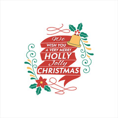 We Wish You a Very Merry Holly Jolly Christmas Typography Design with Bell and Poinsettia – Holiday Greeting Illustration