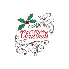 Merry Christmas Typography Design with Holly Leaves and Decorative Swirls – Holiday Greeting Card Illustration