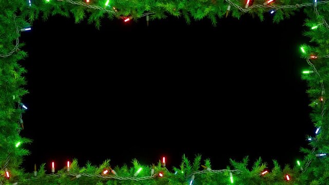 Christmas frame or new year frame with fir or pine leaves and light bulbs blinking. 4K loop animation