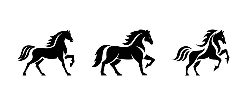 Horse silhouette icons: bold vector set for zodiac and New Year 2026 designs. Set of elegant horse silhouettes in motion, walking and running poses. 