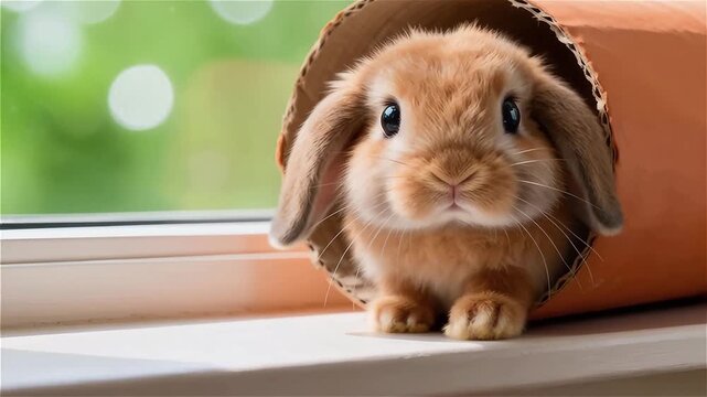 Conejito bebé asomándose cautelosamente desde el extremo de un túnel de cartón