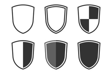 Shields graphic icons set. Blank heraldic shields signs isolated on white background. Web protection symbols. Vector illustration