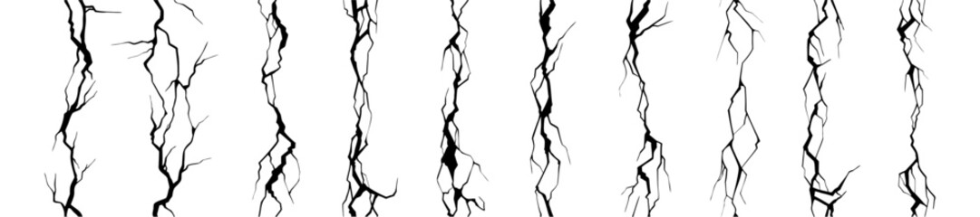 Wall crack damaged surface illustration, fractured broken ground seamless print, hand drawn overlay. Destroyed floor environment realistic top view, black crash erosion effect set. Old wall crack line