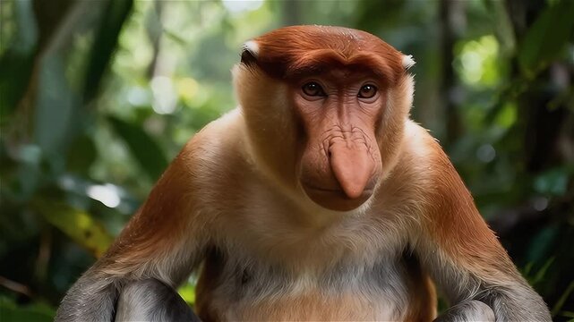Mono narigudo adulto sentado tranquilamente en la densa vegetación de la jungla